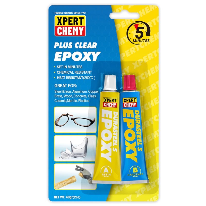 XPERTCHEMY 2 Part Epoxy Glue, 5 Minute Epoxy Adhesive, Rapid Cure Golf, Wood, Plastic and Metal etc, Waterproof & Extra Strength, High Temperature Resistance, 2 x 20g, Clear - Image 1